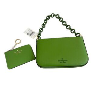 Kate Spade Madison Saffiano Pochette Bag + Card Holder Resin Chain Turtle Green